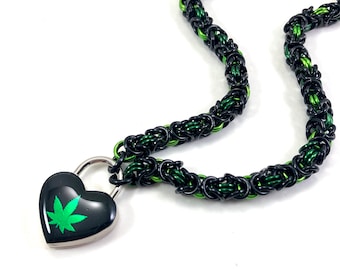 Submissive BDSM Collar Green and Black Cannabis Leaf Chainmail Choker Marijuana Pot Leaf Heart Lock