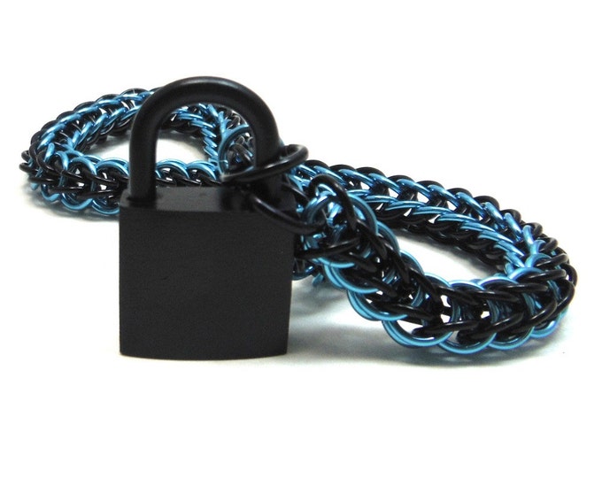 Unisex BDSM Slave Collar Black and Aqua Blue Chainmail with Working Padlock