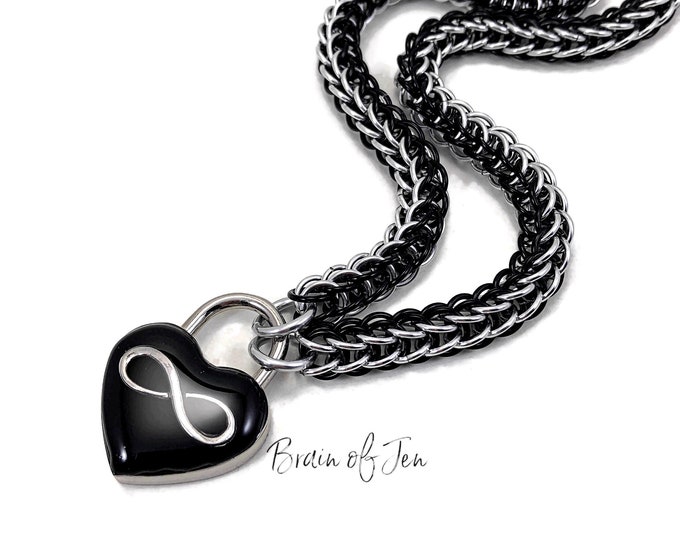 Eternity Collar Polyamory Slave Collar Black & Silver Infinity Symbol Black Heart Lock