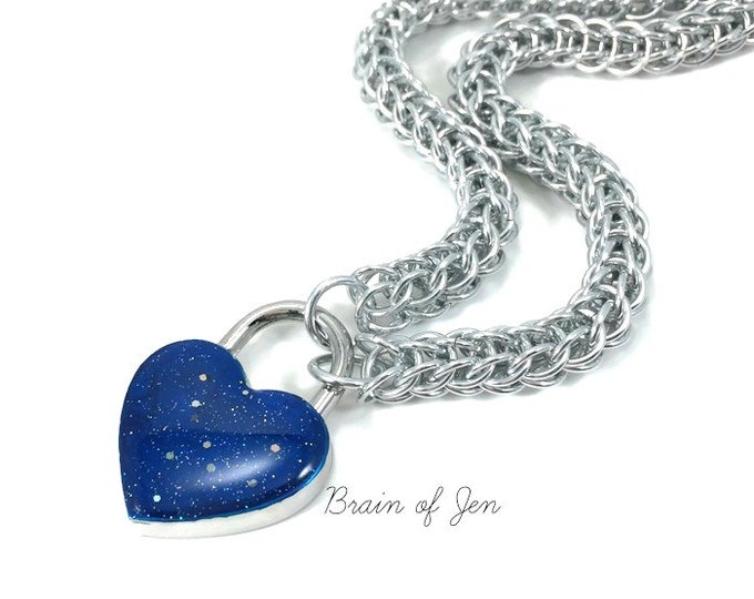 Locking BDSM Slave Collar Silver with Starry Night Cobalt Blue Heart Lock