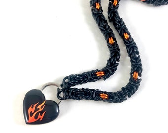 Black Submissive Day Collar with Flame Heart Lock