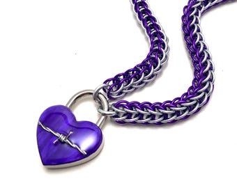 BDSM Slave Collar Violet Purple & Silver with Heart and Barbed Wire Lock Submissive Collar