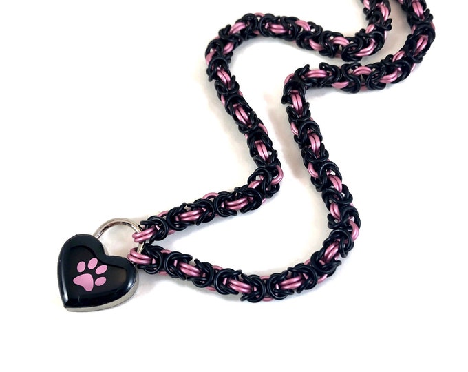 BDSM Slave Collar Pink and Black Paw Print Chainmail Day Collar Puppy Kitten Submissive