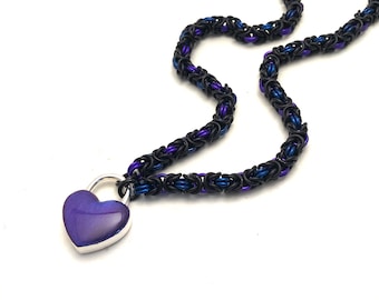 BDSM Submissive Collar Purple Blue and Black with Color Changing Heart Lock