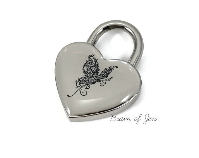 Silver Heart Padlock with Black Butterfly You Choose Size