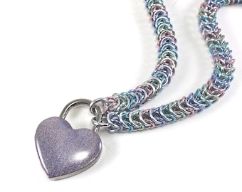 Pastel Rainbow BDSM Submissive Day Collar with Holographic Heart Lock Choose Your Favorite Color