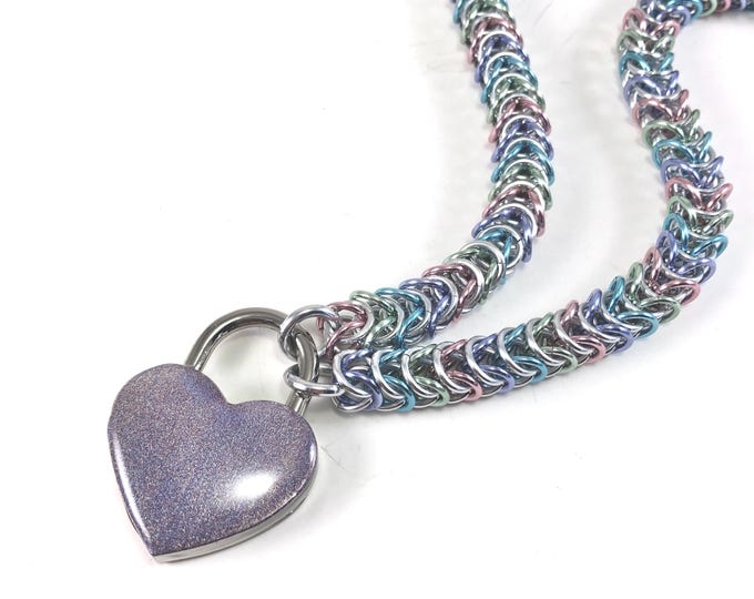Pastel Rainbow BDSM Submissive Day Collar with Holographic Heart Lock Choose Your Favorite Color