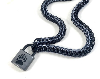 BDSM Slave Collar Bear Paw Print Submissive Day Collar Black & Gunmetal Grey