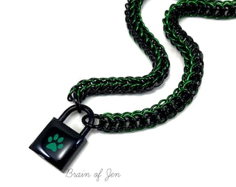 BDSM Submissive Day Collar Black & Green Paw Print Puppy Kitten Padlock Necklace