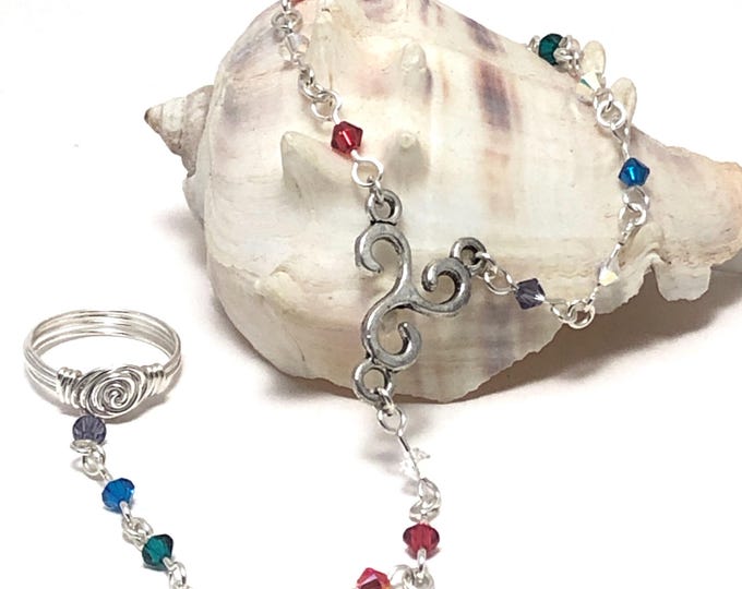 LGBTQIA Pride Flag Hand Chain Rainbow Swarovski Crystal Bracelet with Ring Attached