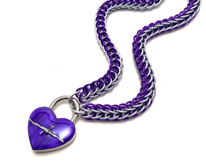 BDSM Slave Collar Violet Purple & Silver with Heart and Barbed Wire Lock Submissive Collar