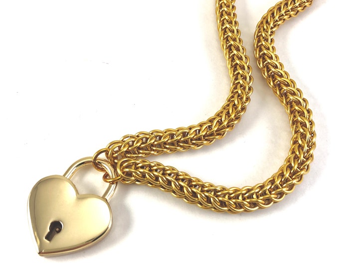 Gold Submissive Day Collar with Heart Lock Chainmail Choker Padlock Necklace