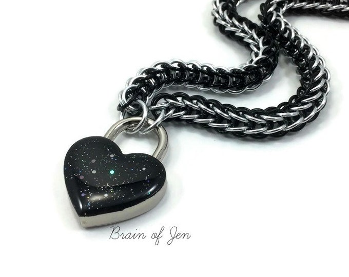 Submissive BDSM Collar Black and Silver with Sparkly Black Heart Padlock Necklace