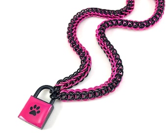 Unisex BDSM Slave Collar Black & Hot Pink Paw Print Locking Chainmail Choker Pup Kitten Sub