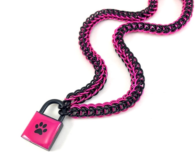 Unisex BDSM Slave Collar Black & Hot Pink Paw Print Locking Chainmail Choker Pup Kitten Sub