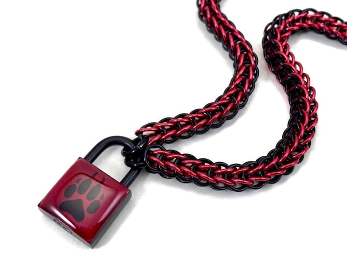 BDSM Slave Collar Wolf Paw Print Submissive Collar Black & Red
