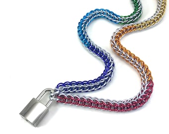 Unisex BDSM Submissive Collar Silver and Rainbow Pride Chainmail Padlock Necklace