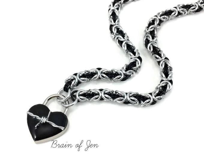 Submissive Day Collar Real Barbed Wire Heart Lock in Black and Silver