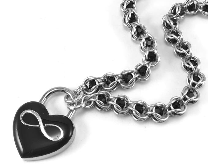 Infinity Collar Polyamory Submissive Collar Black & Silver Eternity Symbol Black Heart Lock