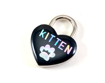 KITTEN Heart Shaped Padlock with Iridescent Rainbow Paw Print