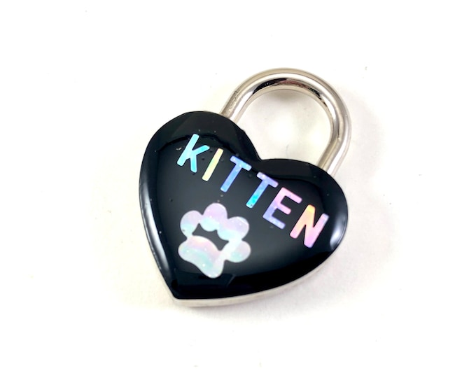 KITTEN Heart Shaped Padlock with Iridescent Rainbow Paw Print