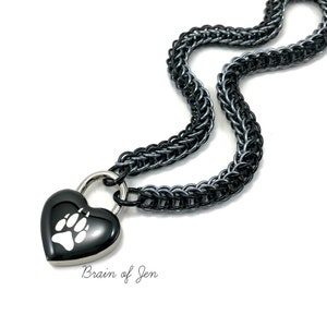 Collier de soumission avec cadenas en forme de coeur Wolf Paw : collier de cadenas en maille de maille noire
