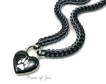 Wolf Paw Slave Collar Black and Gunmetal Gray Submissive Day Collar with Heart Lock