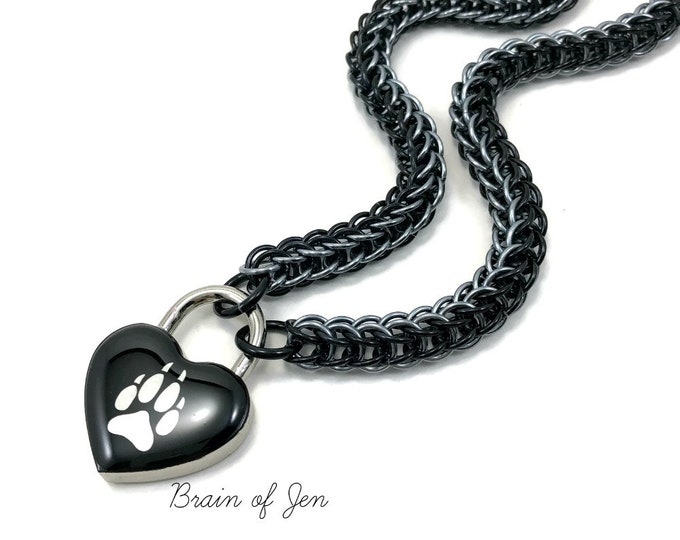 Wolf Paw Slave Collar Black and Gunmetal Gray Submissive Day Collar with Heart Lock