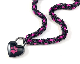 BDSM Day Collar Hot Pink and Black Paw Print Chainmail Day Collar Puppy Kitten Submissive