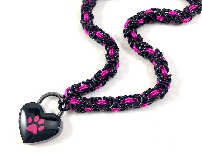BDSM Day Collar Hot Pink and Black Paw Print Chainmail Day Collar Puppy Kitten Submissive