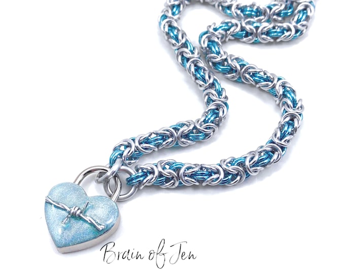 Submissive Day Collar in Aqua Blue and Silver with Real Barbed Wire Heart Lock Chainmail Choker Padlock Necklace