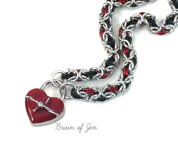 Slave Collar with Barbed Wire Heart Lock Silver Red & Black Submissive Day Collar Chainmaille Padlock Necklace