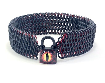 Dragon Eye Submissive Day Collar Black and Red Dragonscale Chainmail Choker Padlock Necklace