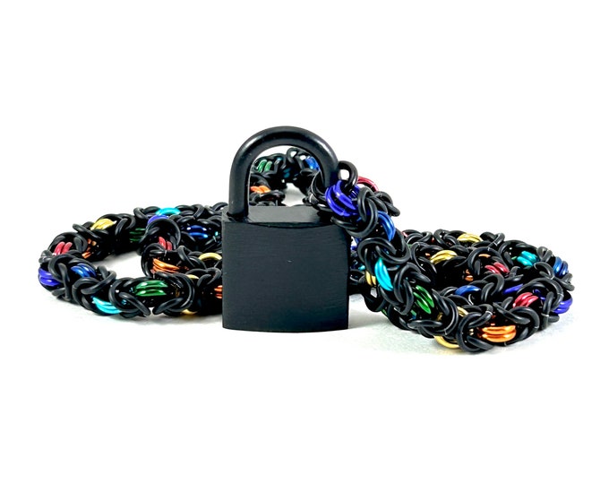 Unisex Submissive Day Collar Black and Rainbow Chainmail Choker with Padlock