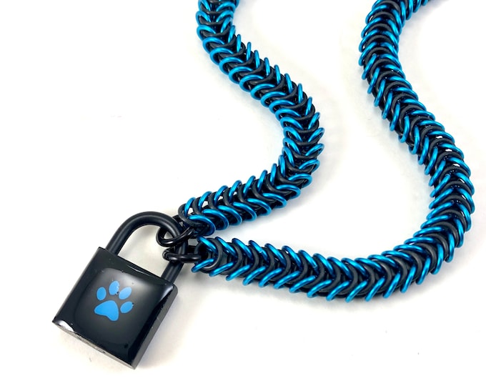 Unisex Submissive Collar Black & Turquoise Blue Paw Print Locking Stretchy Chainmail Choker Pup Kitten Day Collar
