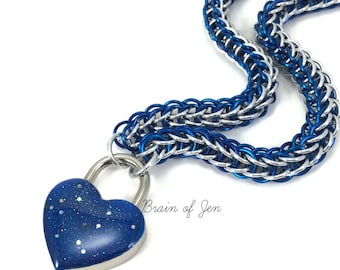 BDSM Slave Collar Blue and Silver with Sparkly Cobalt Blue Heart Shaped Padlock