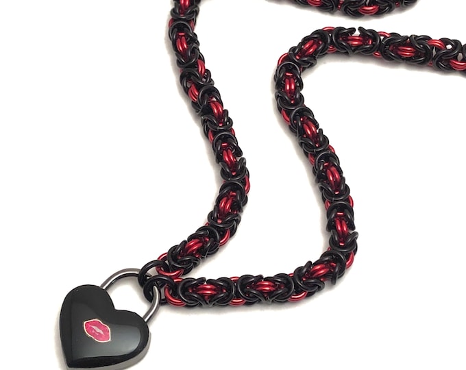 Rocky Horror Picture Show Inspired Submissive Day Collar Black and Red Padlock Necklace