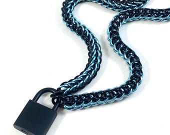 Unisex BDSM Slave Collar Black and Aqua Blue Chainmail with Working Padlock