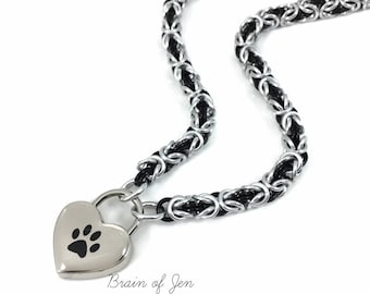 Paw Print Submissive Day Collar Silver & Black Chainmail Choker Heart Padlock Necklace