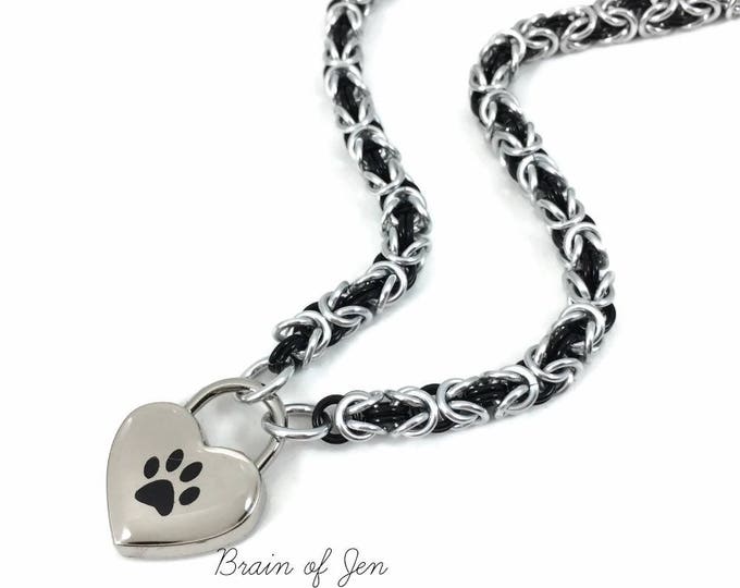 Paw Print Submissive Day Collar Silver & Black Chainmail Choker Heart Padlock Necklace