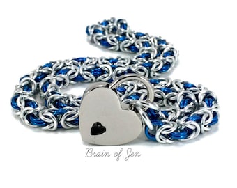 Submissive Day Collar Silver and Cobalt Blue Chainmail with Heart Lock