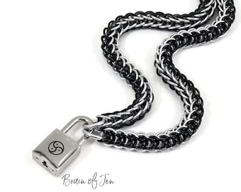 BDSM Symbol Slave Collar Black & Silver Chainmail Submissive Padlock Necklace Triskelion