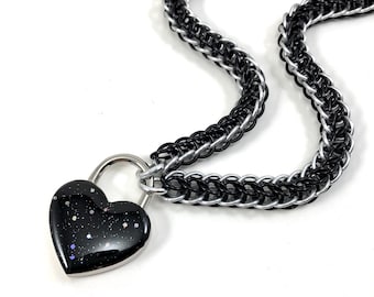 Submissive BDSM Collar Black and Silver with Sparkly Black Heart Padlock Necklace