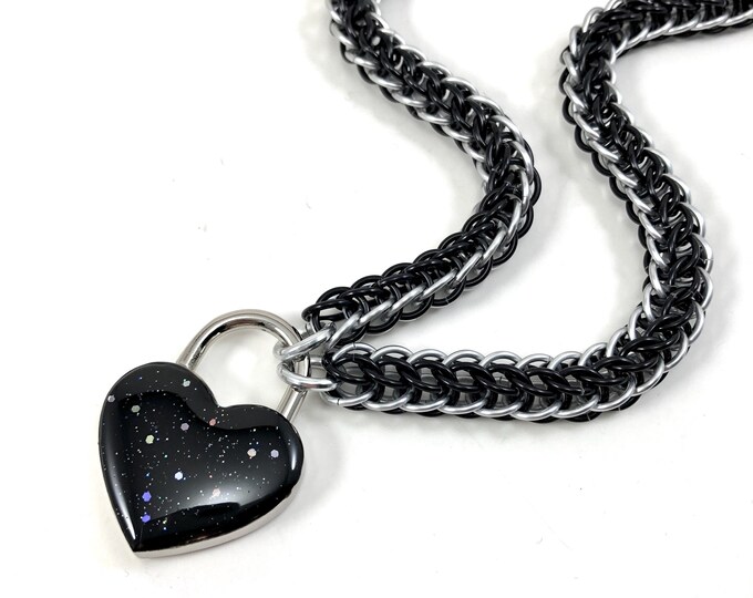 Submissive BDSM Collar Black and Silver with Sparkly Black Heart Padlock Necklace