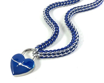 BDSM Slave Collar Silver& Cobalt Blue with Heart and Barbed Wire Lock Submissive Collar