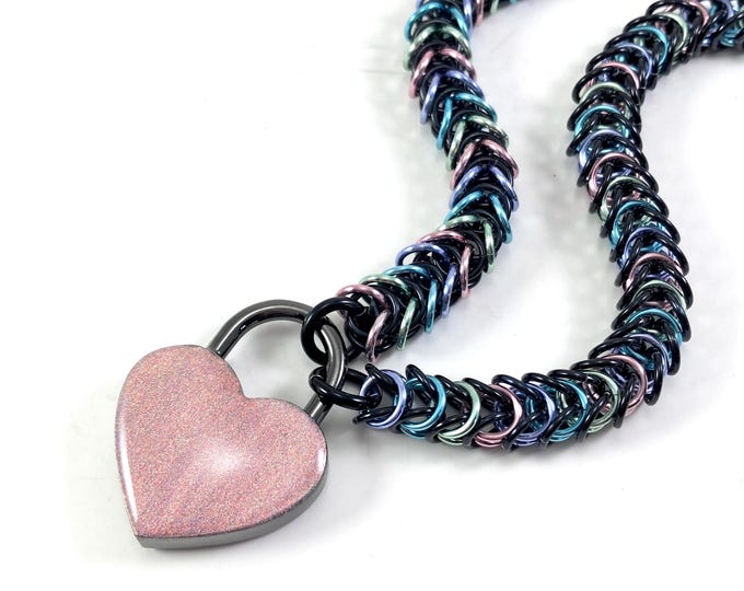 Black Pastel Rainbow BDSM Submissive Day Collar with Holographic Heart Lock Choose Your Favorite Color