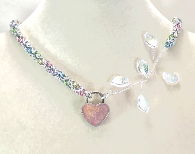 Pastel Rainbow Asymmetric Submissive Day Collar with Your Choice of Holographic Heart Lock