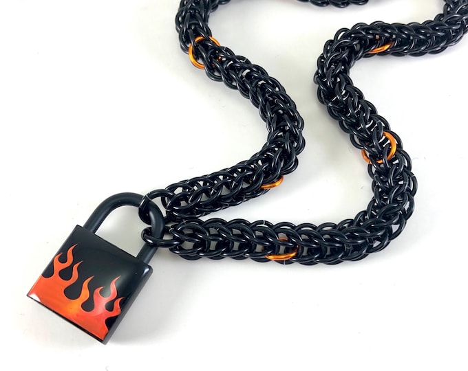 Black Fire BDSM Day Collar Unisex Padlock Necklace with Square or Heart Shaped Flame Lock