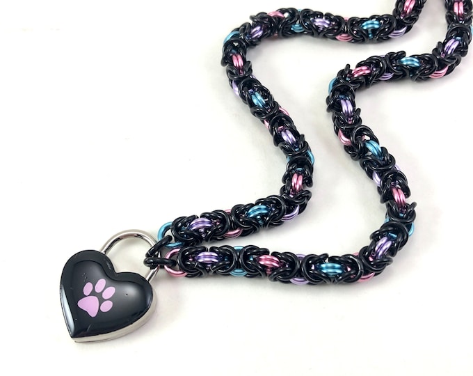 Submissive Day Collar Pastels Pink Purple Blue and Black Paw Print Chainmail BDSM Collar Puppy Kitten