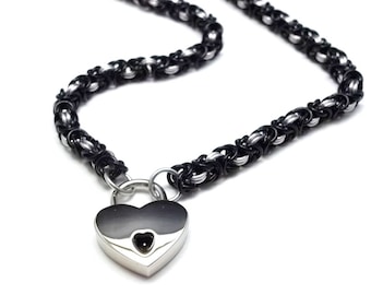 Slave Collar Black and Silver Chainmail Submissive Collar with Heart Lock